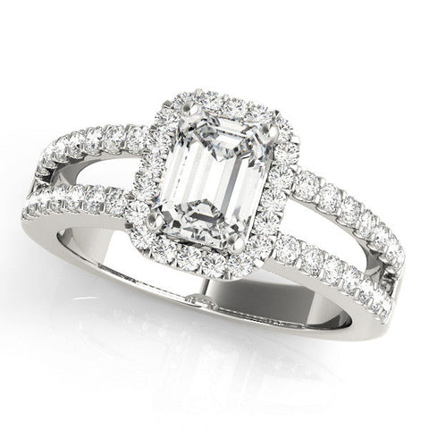 White gold Radiant Cut Halo Split Shank Diamond Ring with Four-Prong Setting