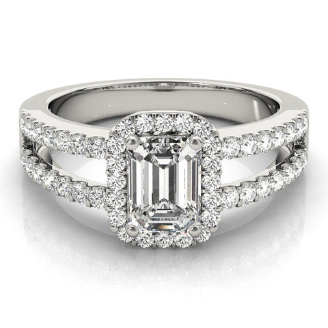 White gold Radiant Cut Halo Split Shank Diamond Ring with Four-Prong Setting