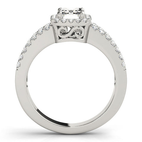White gold Radiant Cut Halo Split Shank Diamond Ring with Four-Prong Setting