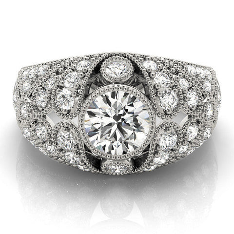 Platinum Round Brilliant Halo Pave Diamond Milgrain Ring