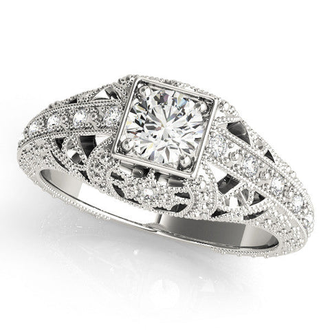 Platinum Round Brilliant Milgrain Filigree Diamond Ring with Square Prong Setting