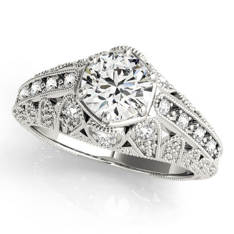 White gold Round Brilliant Milgrain Pave Split Shank Hexagon Prong Setting Ring