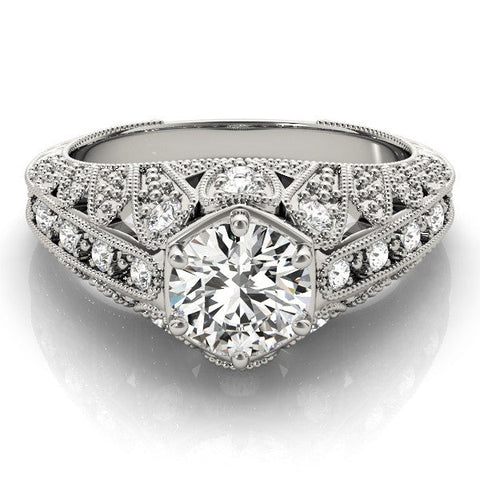 Platinum Round Brilliant Milgrain Pave Split Shank Hexagon Prong Setting Ring