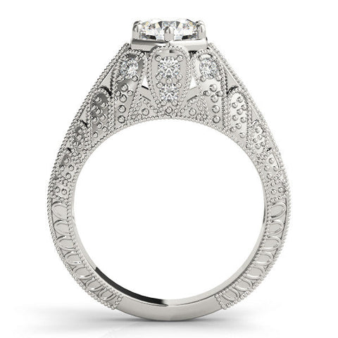 White gold Round Brilliant Milgrain Pave Split Shank Hexagon Prong Setting Ring