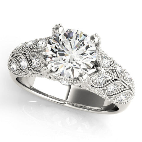 Platinum Round Cut Milgrain Pave Diamond Engagement Ring with Four-Prong Setting