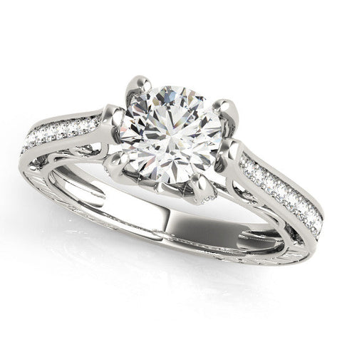 White gold Round Cut Solitaire Diamond Ring with Pavé Band and Six-Prong Setting
