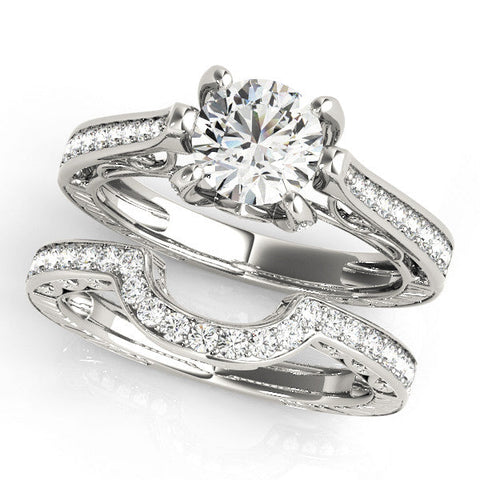 White gold Round Cut Solitaire Diamond Ring with Pavé Band and Six-Prong Setting