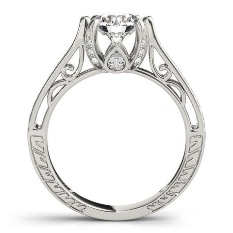 Platinum Round Cut Solitaire Diamond Ring with Pavé Band and Six-Prong Setting