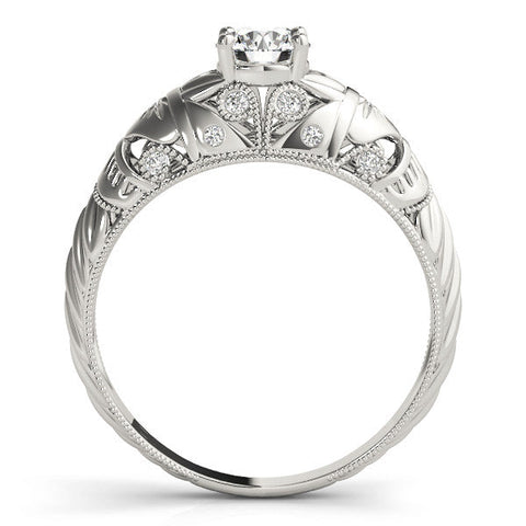White gold Round Cut Solitaire Floral Filigree Engagement Ring with Bezel Prong Setting