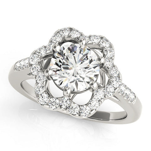 Platinum Round Diamond Floral Halo Split Shank Prong Setting Ring