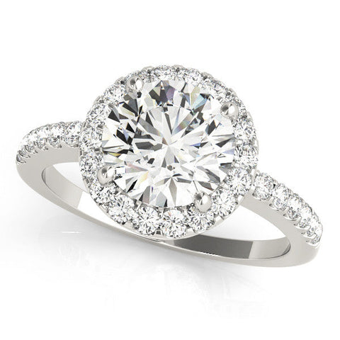 White gold Round Halo Diamond Engagement Ring with Pavé Band and Four-Prong Setting