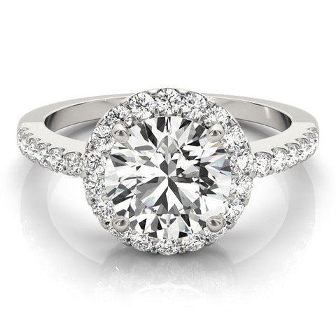 White gold Round Halo Diamond Engagement Ring with Pavé Band and Four-Prong Setting