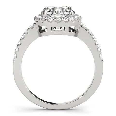 Platinum Round Halo Diamond Engagement Ring with Pavé Band and Four-Prong Setting