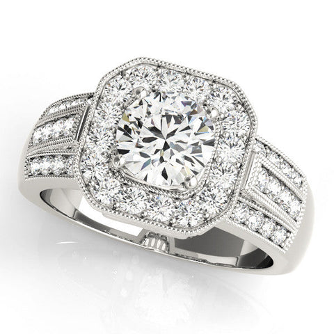White gold Round Halo Diamond Engagement Ring with Pave Split Shank and Four-Prong Setting