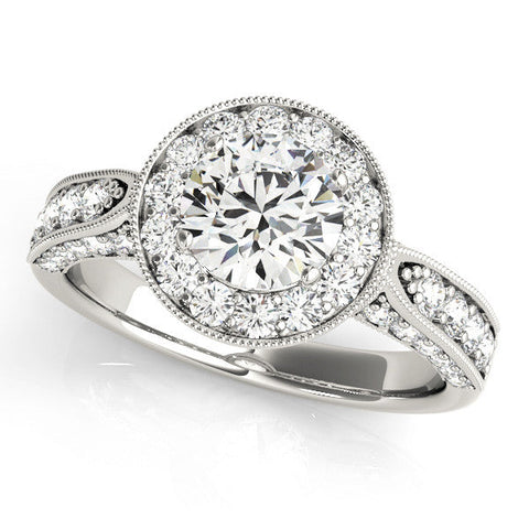 Platinum Round Halo Diamond Engagement Ring with Split Shank Band and Four-Prong Setting