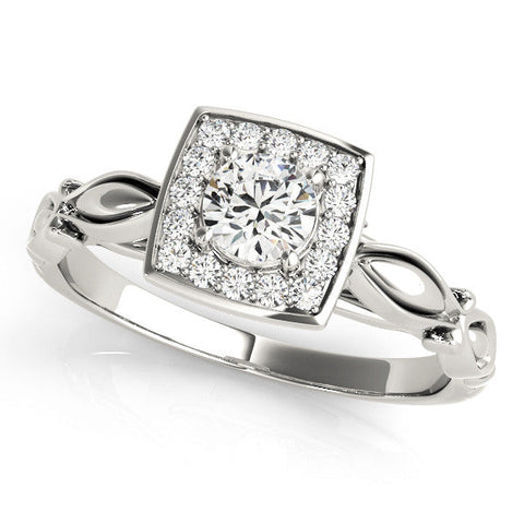 Platinum Round Halo Diamond Engagement Ring with Square Setting and Infinity Band