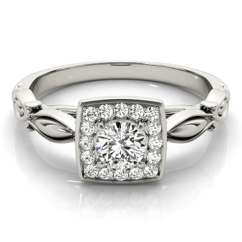 Platinum Round Halo Diamond Engagement Ring with Square Setting and Infinity Band