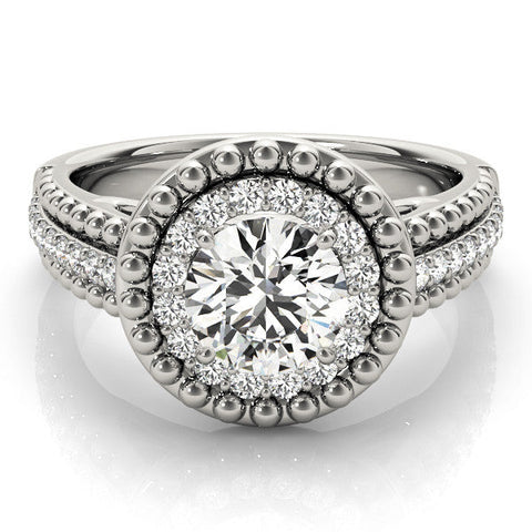 Platinum Round Halo Diamond Ring with Beaded Split Shank and Four-Prong Setting