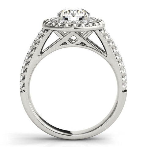 White gold Round Halo Diamond Ring with Beaded Split Shank and Four-Prong Setting