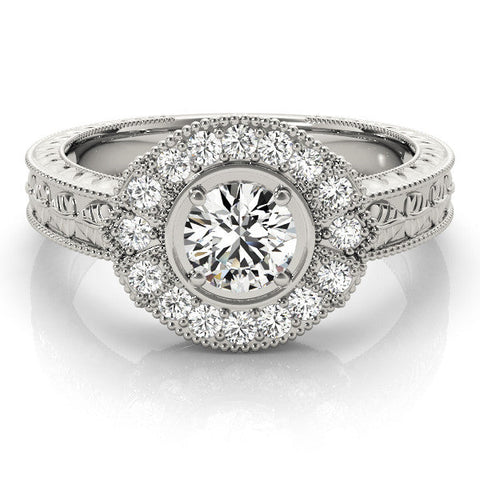 Platinum Round Halo Diamond Ring with Milgrain Bezel and Prong Setting