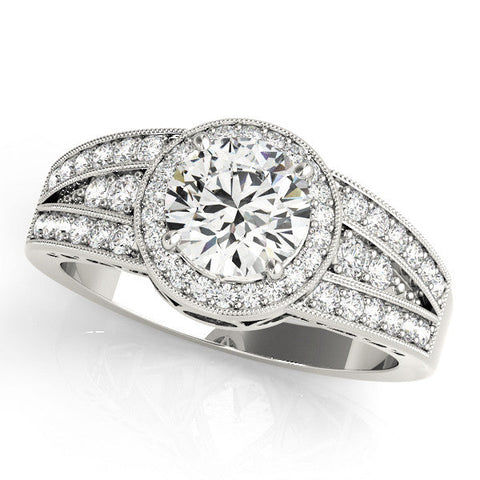 White gold Round Halo Diamond Split Shank Ring with Prong Setting
