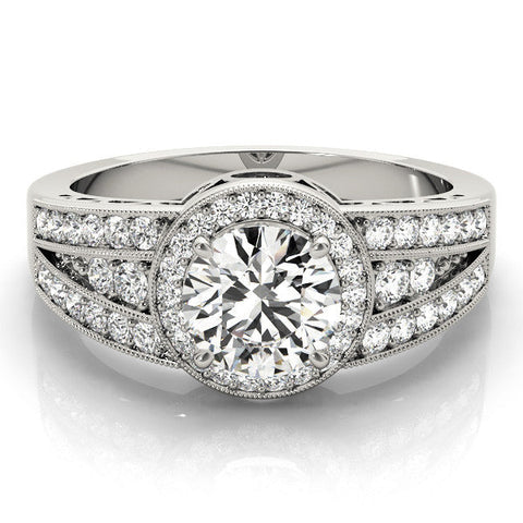 White gold Round Halo Diamond Split Shank Ring with Prong Setting