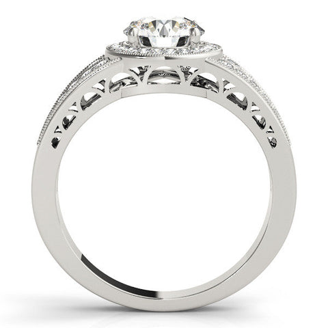 Platinum Round Halo Diamond Split Shank Ring with Prong Setting