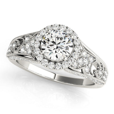 Platinum Round Halo Diamond Vintage Split Shank Ring with Milgrain Edge