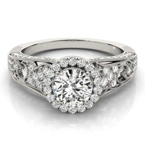 Platinum Round Halo Diamond Vintage Split Shank Ring with Milgrain Edge