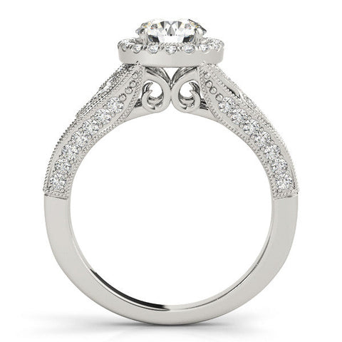 Platinum Round Halo Diamond Vintage Split Shank Ring with Milgrain Edge