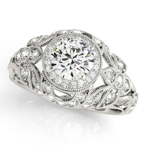 Platinum Round Halo Filigree Diamond Engagement Ring with Prong Setting