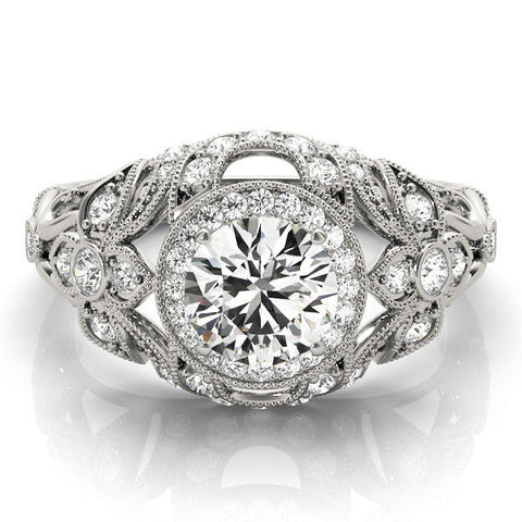 White gold Round Halo Filigree Diamond Engagement Ring with Prong Setting