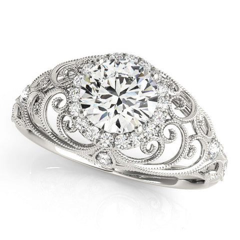Platinum Round Halo Filigree Solitaire Diamond Ring with Milgrain Detailing