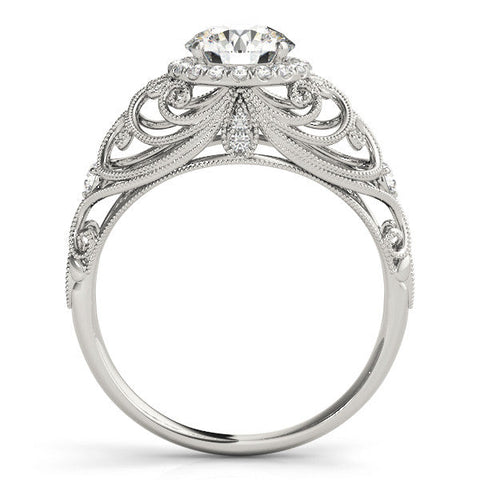 Platinum Round Halo Filigree Solitaire Diamond Ring with Milgrain Detailing
