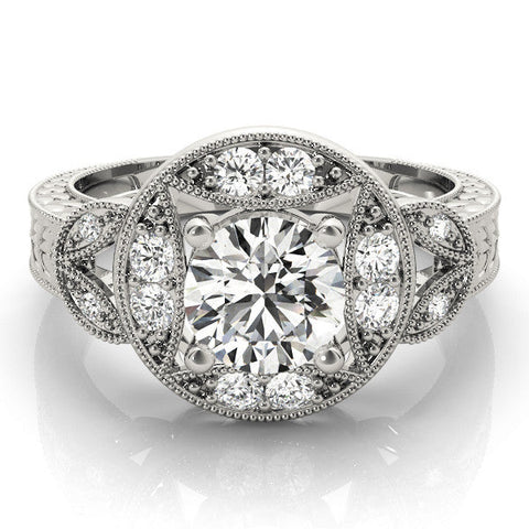 Platinum Round Halo Milgrain Diamond Engagement Ring with Leaf Band and Four-Prong Setting