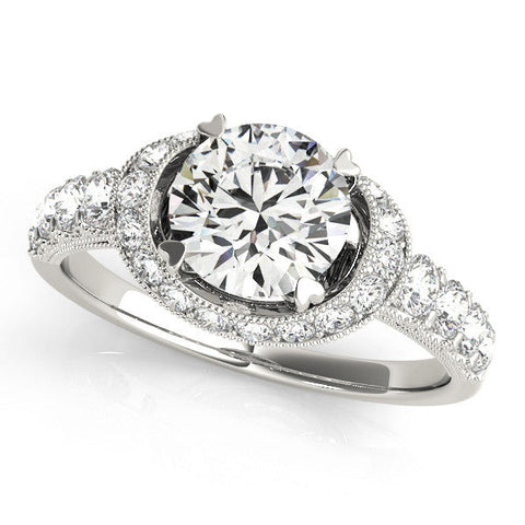 White gold Round Halo Pavé Split Shank Heart Prong Ring