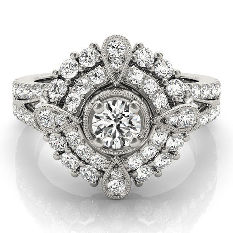 Platinum Round Halo Pear Cluster Split Shank Prong Setting Ring