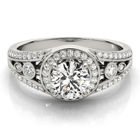 Platinum Round Halo Split Shank Diamond Ring with Four-Prong Setting