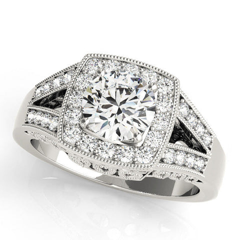 White gold Round Halo Split Shank Diamond Ring with Milgrain Prong Setting