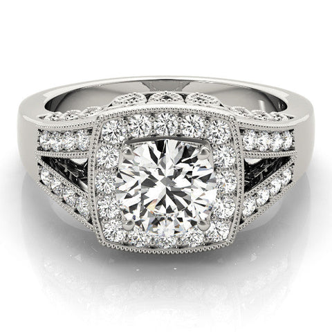 White gold Round Halo Split Shank Diamond Ring with Milgrain Prong Setting