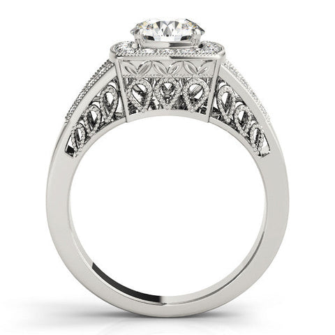 White gold Round Halo Split Shank Diamond Ring with Milgrain Prong Setting