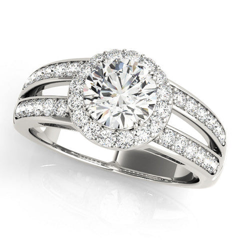Platinum Round Halo Split Shank Diamond Ring with Pave Setting