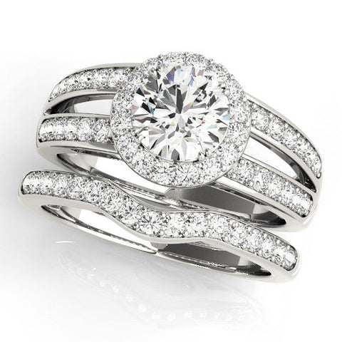 White gold Round Halo Split Shank Diamond Ring with Pave Setting