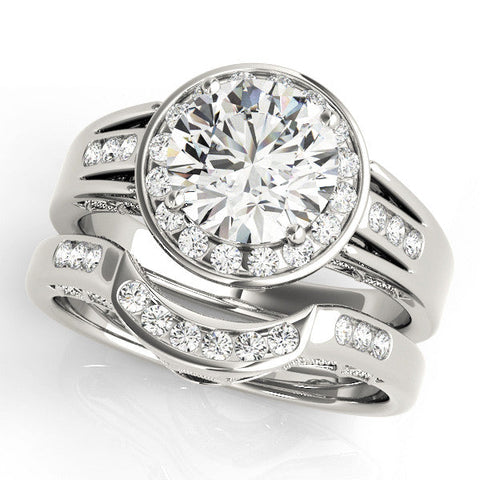 Platinum Round Halo Split Shank Diamond Ring with Prong Setting