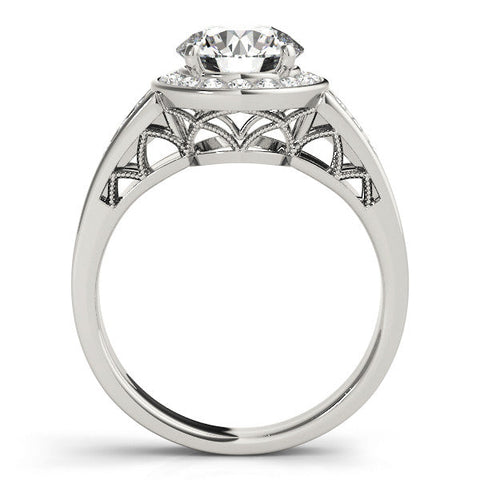 Platinum Round Halo Split Shank Diamond Ring with Prong Setting
