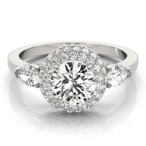 White gold Round Halo Three-Stone Diamond Ring with Pear Side Stones and Four-Prong Setting