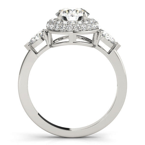 White gold Round Halo Three-Stone Diamond Ring with Pear Side Stones and Four-Prong Setting