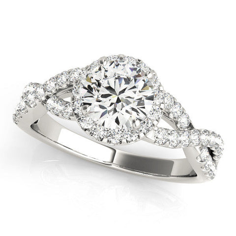 Platinum Round Halo Twist Band Solitaire Ring with Four-Prong Setting