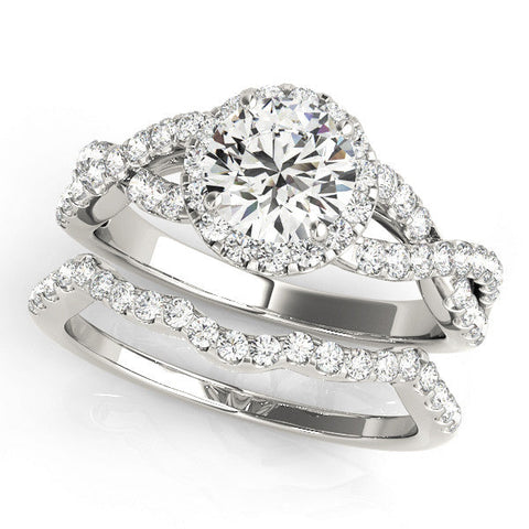 Platinum Round Halo Twist Band Solitaire Ring with Four-Prong Setting