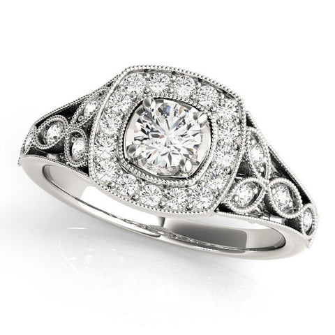 White gold Round Halo Vintage-Inspired Split Shank Ring with Milgrain Detailing